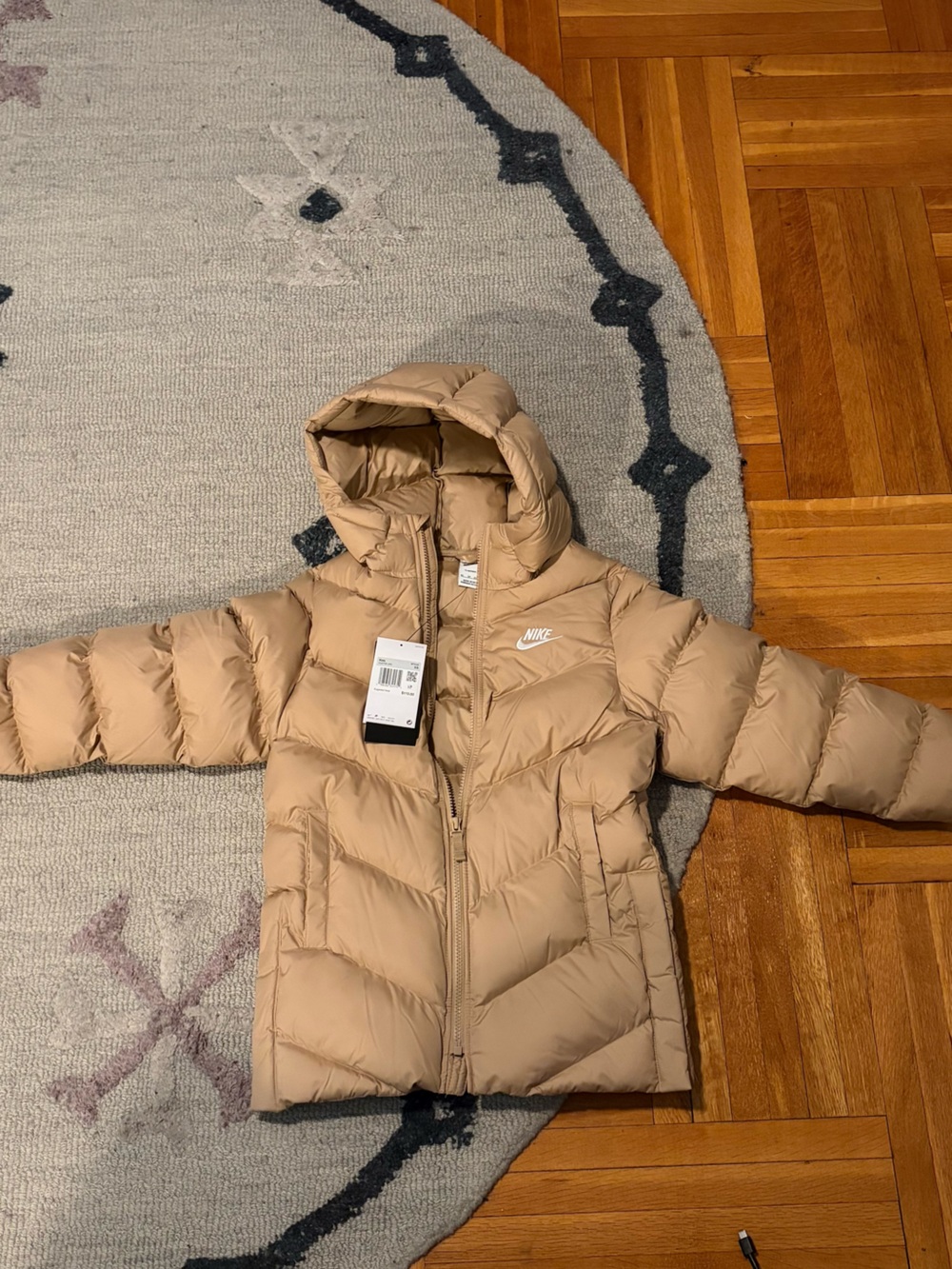 Nike Kids Tan Puffer Jacket with Hood and Zip